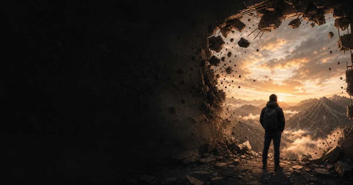 A lone traveler steps through a fractured dark wall toward a mountain sunrise
