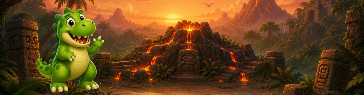 A friendly green dinosaur in a glowing sunset volcano excavation surrounded by jungle ruins