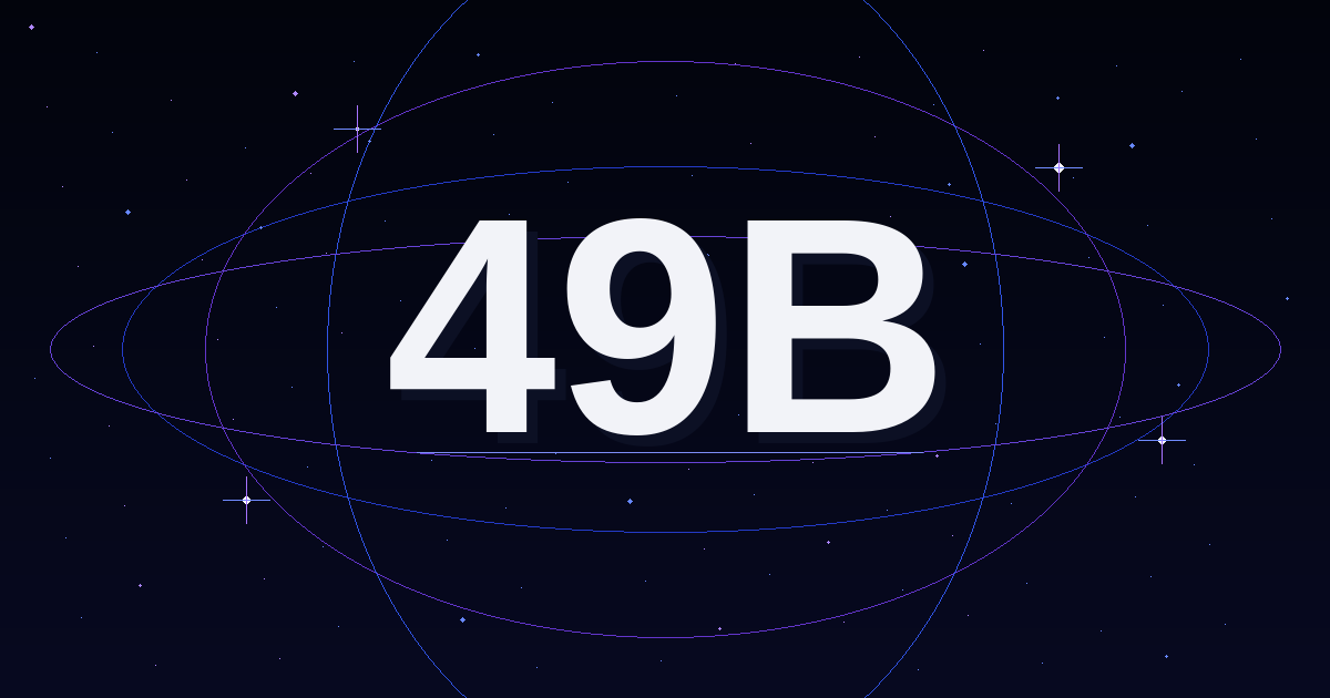 49B in metallic lettering surrounded by blue and violet orbital light