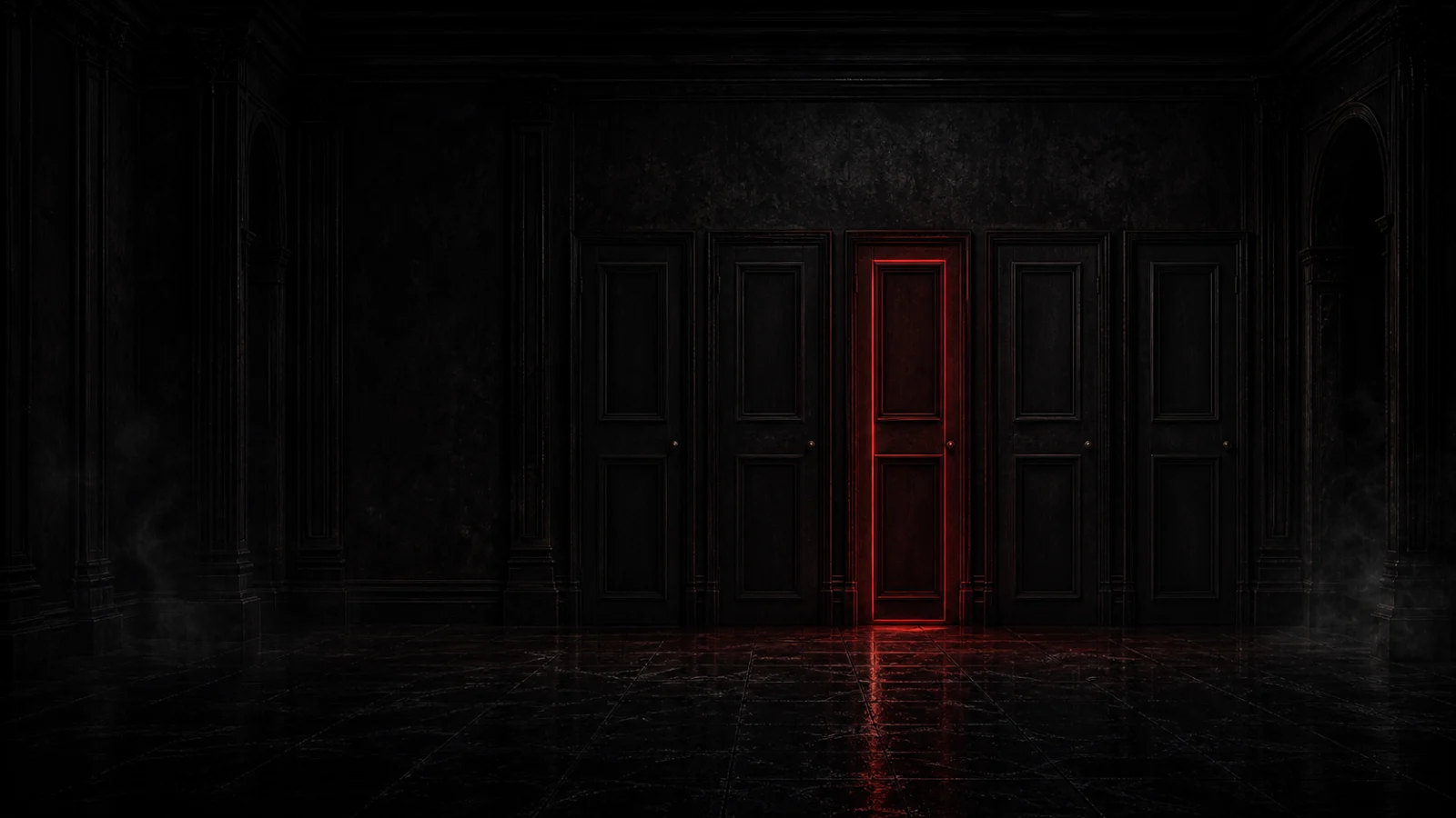 Five dark doors in a shadowy hall with the center door glowing red