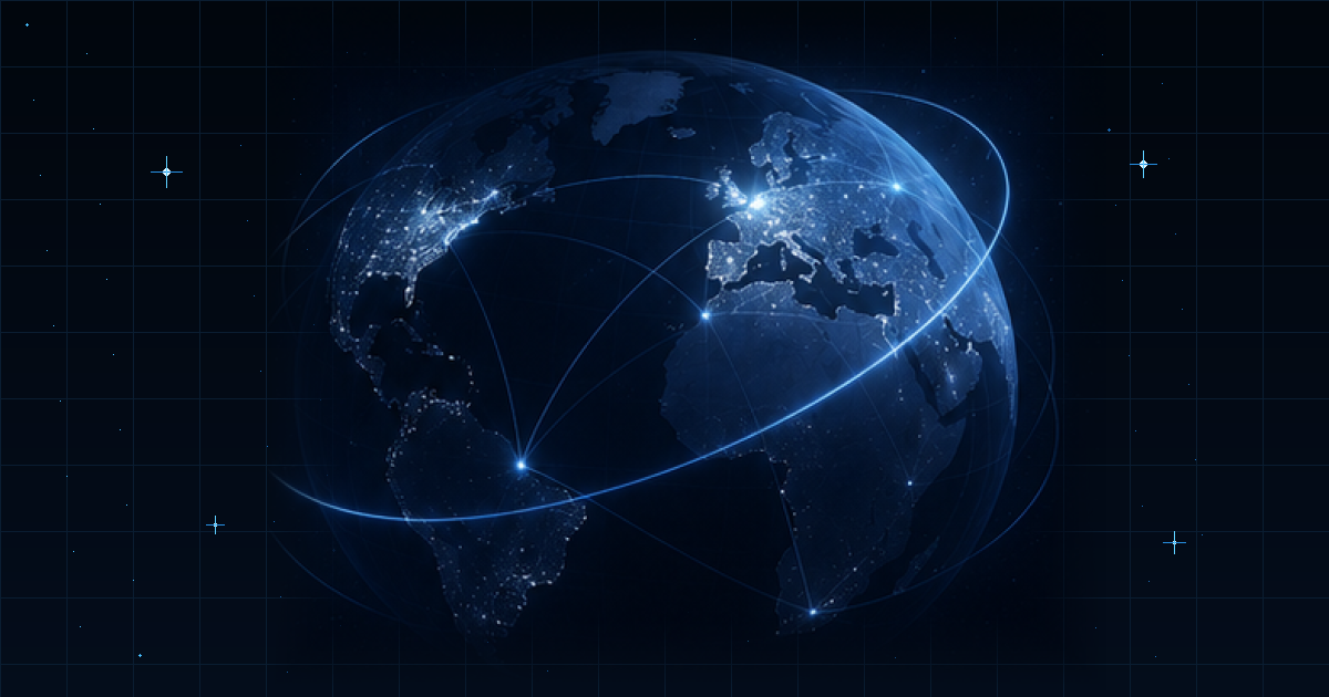 A luminous blue globe crossed by orbital paths on a dark navy technical grid