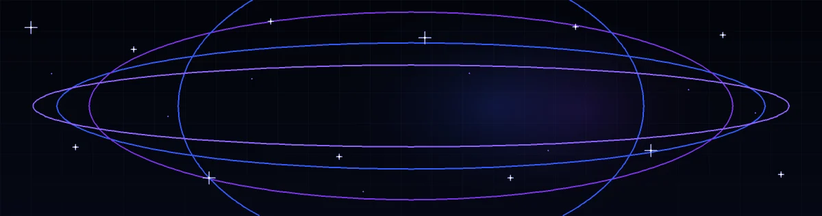 Blue and violet orbital paths crossing a dark 49b star field