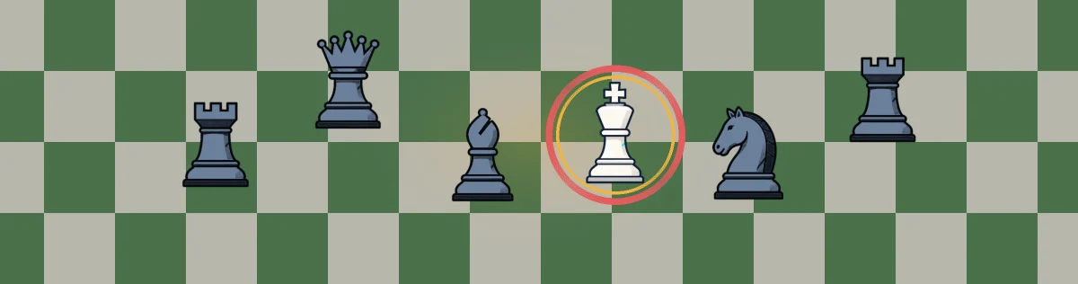 Mated chess pieces surrounding a checked white king on the green game board
