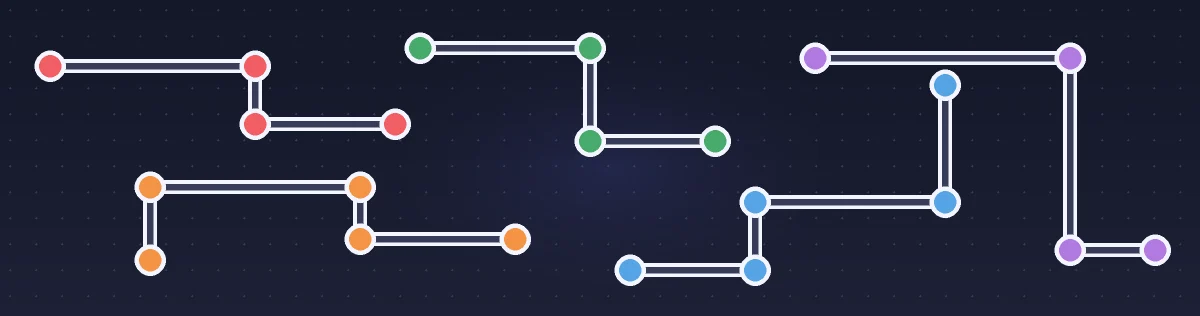 Five colorful puzzle routes connected across the dark Puzzled dot grid