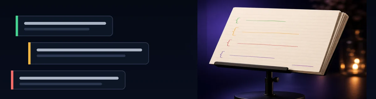 SpeechPen review panels beside a cue-card stand lit in violet and warm reception light