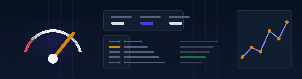 Throttle gauge, benchmark rows, and performance trace on a navy engineering grid