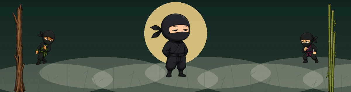 A calm ninja between two stealthy rivals peeking from cedar and bamboo in a misty moonlit garden