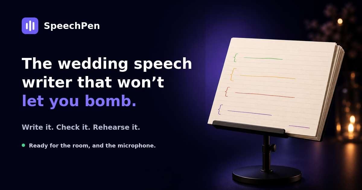 SpeechPen wedding speech writer with cue cards on a stand