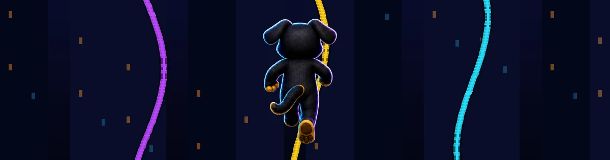 A black and gold dog running three suspended violet, yellow, and cyan power lines through a dark electric city
